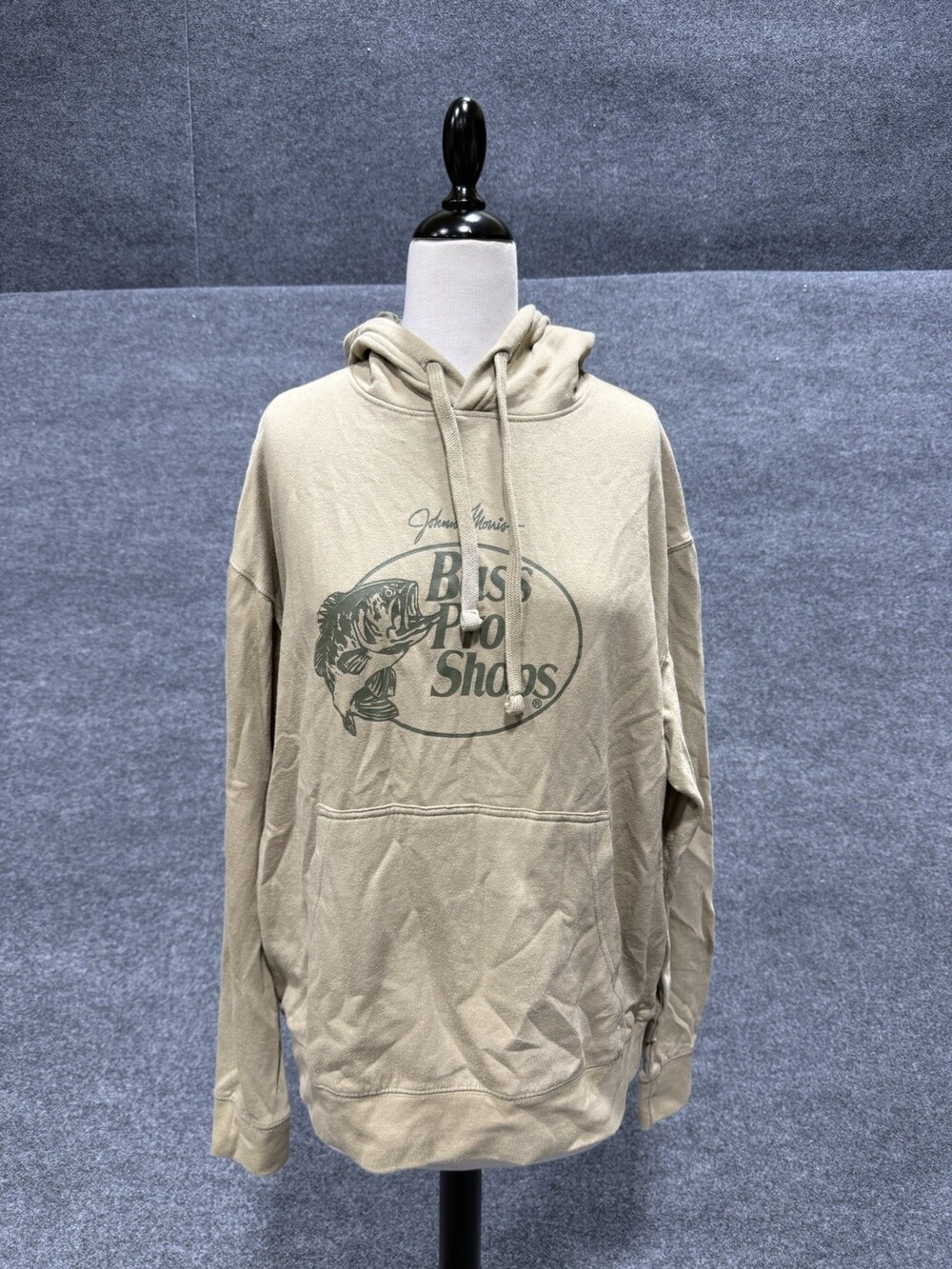 Bass Pro Shops Johnny Morris Tan Pullover Hoodie Fishing Graphic Menâs Size L